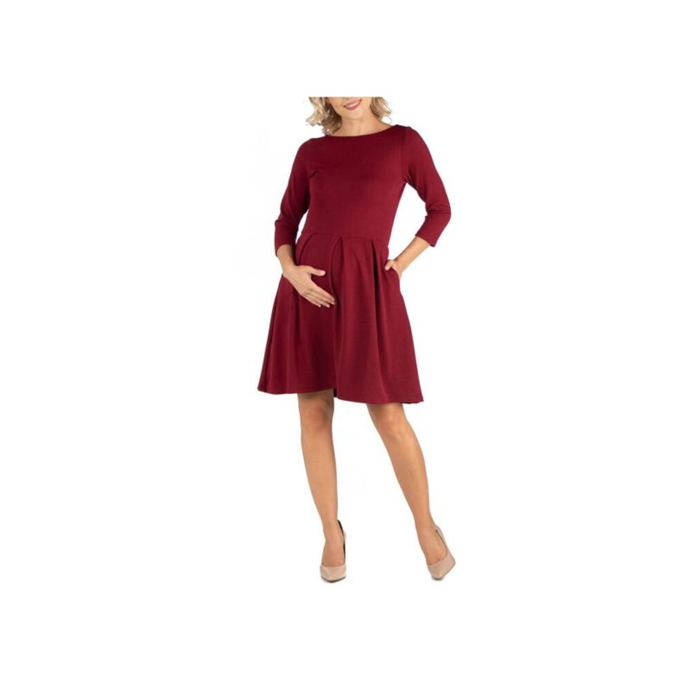 24seven Comfort Apparel Knee Length Fit N Flare Maternity Dress with Pockets